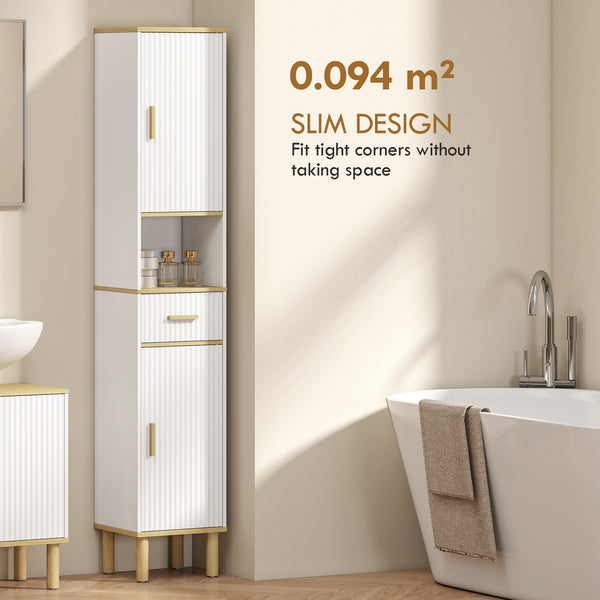 Tall bathroom storage cabinet with drawer, adjustable shelves, open compartment, white