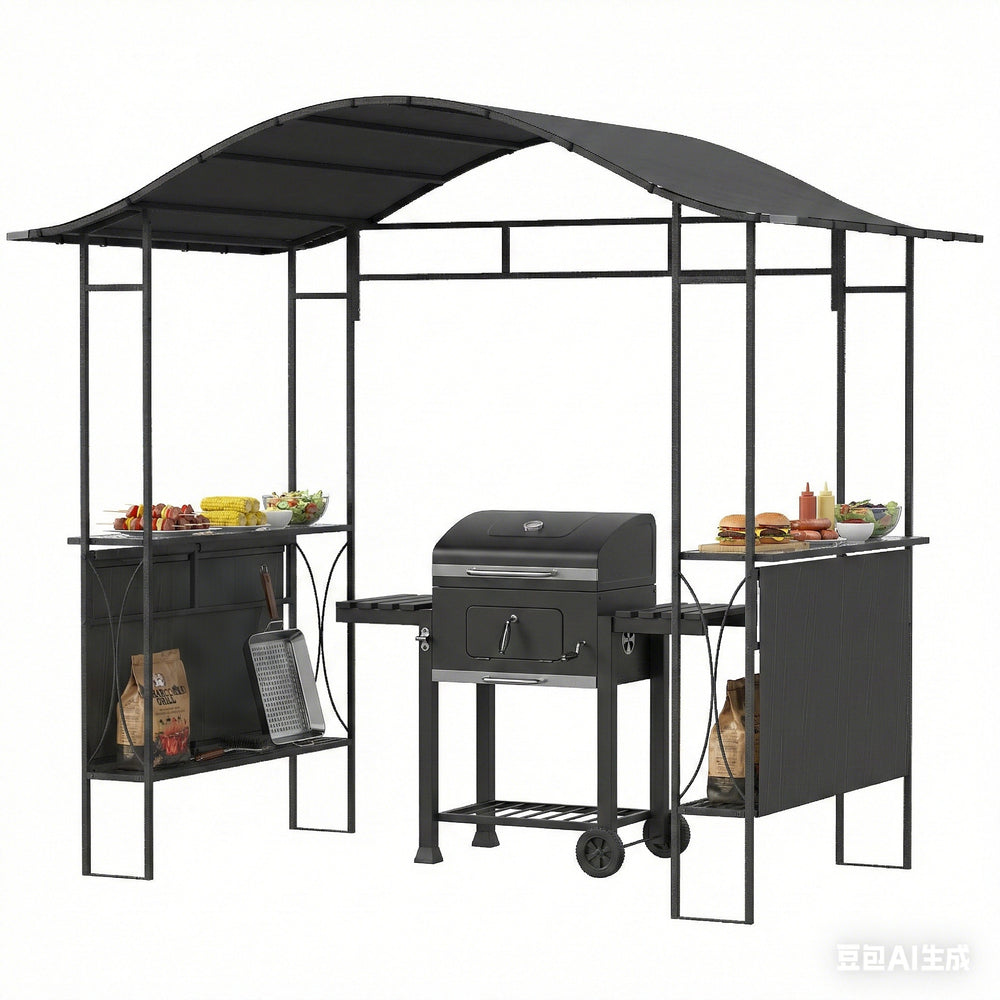 8' x 5' Grill Gazebo Canopy, Outdoor BBQ Shelter with 2 Side Shelves, Dark Grey