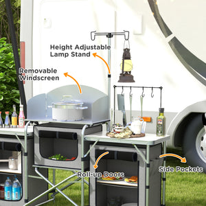 Cuisine de camping en aluminium pliante et portable avec placards en tissu, grise
