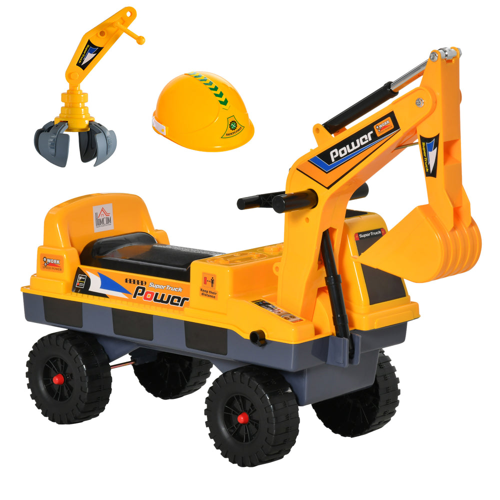 2-in-1 designer construction excavator, removable digging bucket and grabbing bucket, music, light, yellow