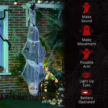 Décoration d'Halloween grandeur nature 1,4 m, momie suspendue avec toile d'araignée animé avec son et mouvement activés, yeux lumineux, son effrayant