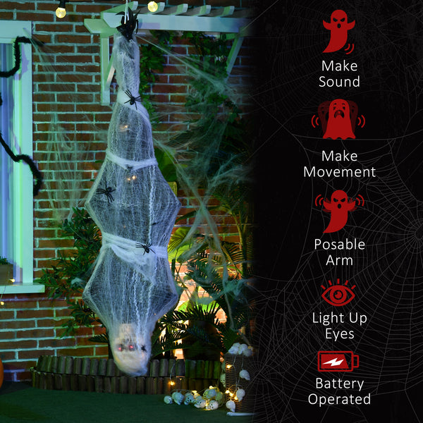 Décoration d'Halloween grandeur nature 1,4 m, momie suspendue avec toile d'araignée animé avec son et mouvement activés, yeux lumineux, son effrayant