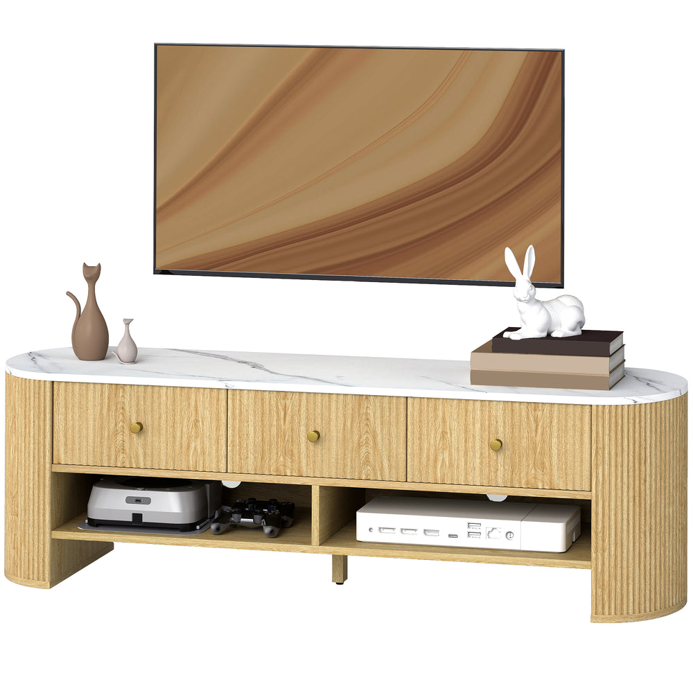 Meuble TV moderne avec plateau effet marbre, 3 tiroirs et 2 étagères ouvertes pour téléviseur de 32 à 65 pouces, naturel