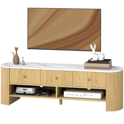 Meuble TV moderne avec plateau effet marbre, 3 tiroirs et 2 étagères ouvertes pour téléviseur de 32 à 65 pouces, naturel