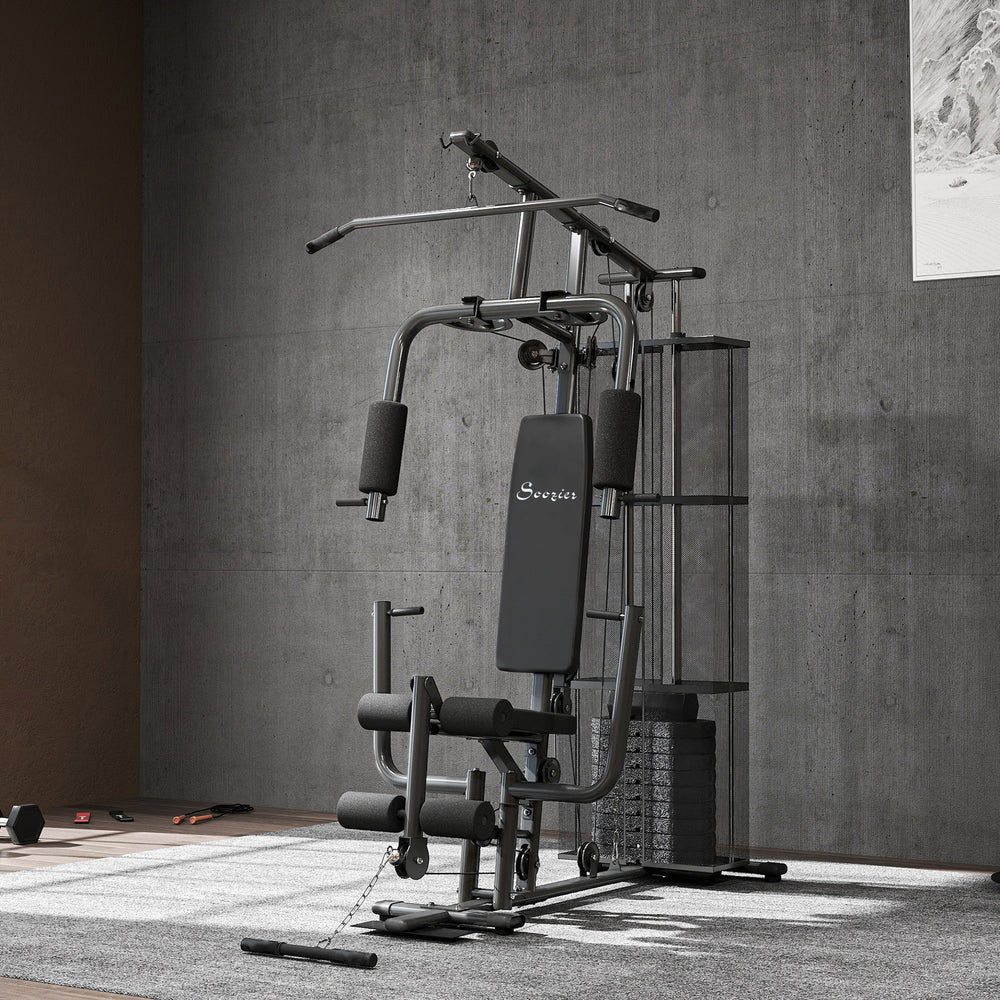 Multi-function weight station with 45 kg weight stack for lat pulldown, leg extensions, biceps curls, triceps pulldowns, and bench press, black.