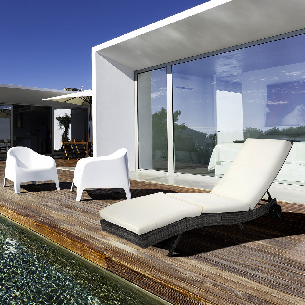 Outdoor Adjustable Wicker Chaise Lounge Chair with Cushion & Wheels for Patio, Deck, Poolside, Cream White