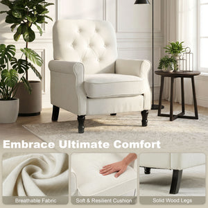 Mid-century modern accent chair with thick padded seat, spring cushion, solid wood legs, cream white