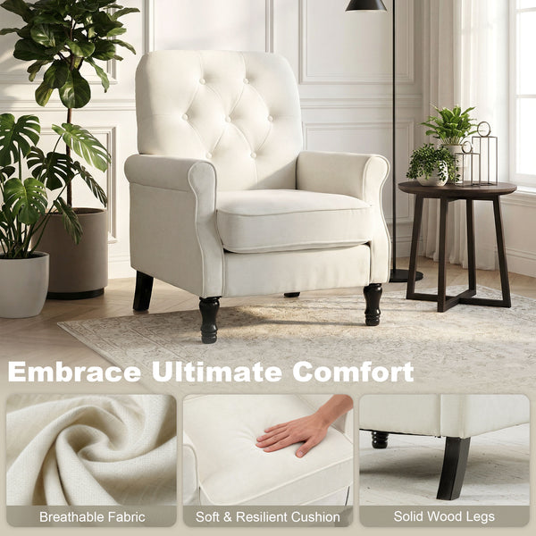 Mid-century modern accent chair with thick padded seat, spring cushion, solid wood legs, cream white
