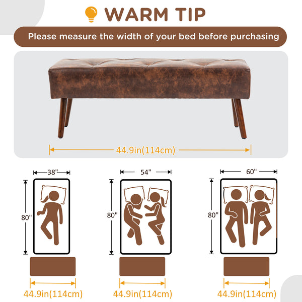 Banc de chambre avec capitonnage à boutons en similicuir avec pieds en bois, marron
