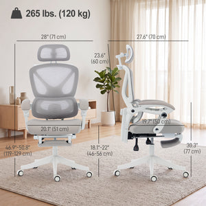 Chaise de bureau inclinable en filet avec repose-pieds, gris clair