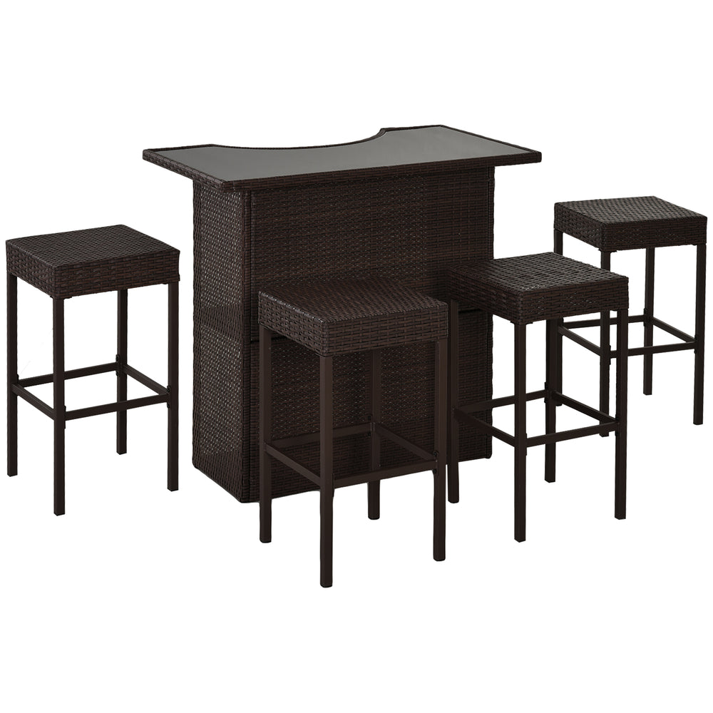 Ensemble de bar de terrasse 5 pièces en rotin synthétique marron foncé avec table à plateau en verre trempé et chaises hautes
