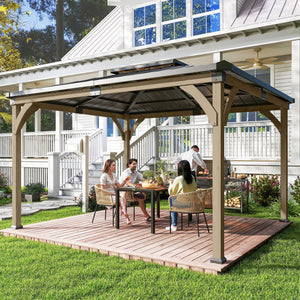 Gazebo 12' x 14' avec toit rigide en acier galvanisé, structure en bois, double toit, couleur noyer clair