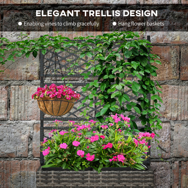 Raised planter with trellis, made of PE rattan with two plant trays