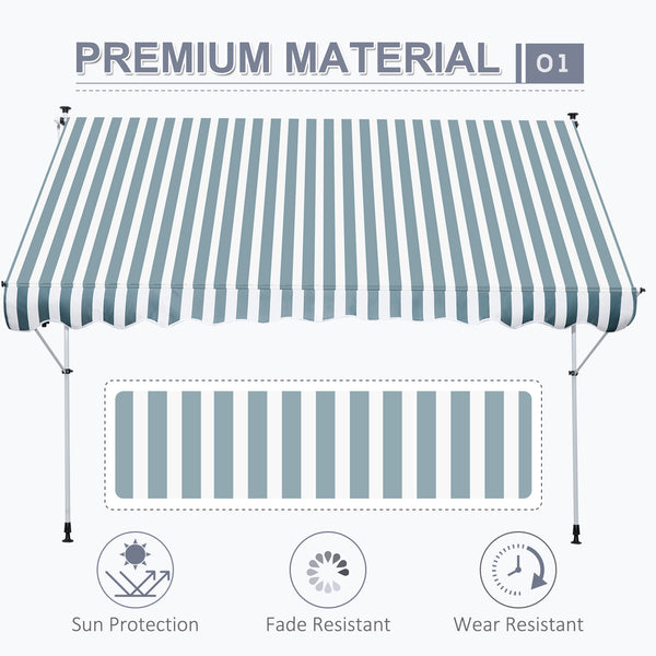 10x5ft Manual Retractable Awning, Patio Sun Shade Canopy Shelter with 5.6-9.2ft Support Pole, Water Resistant UV Protector, for Window, Door, Porch, Deck, Green