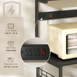 Kitchen shelf with electrical outlet, coffee corner with adjustable shelves and hooks, aged black