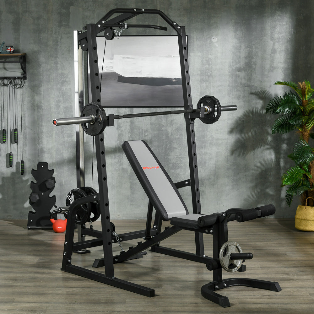 Cage de musculation multifonctionnelle avec banc réglable, barre d'haltères et rack à squats à 15 niveaux