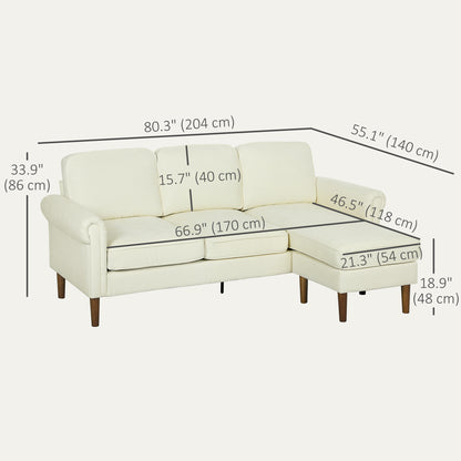 Canapé d'angle moderne avec méridienne amovible, pieds en bois, couleur crème