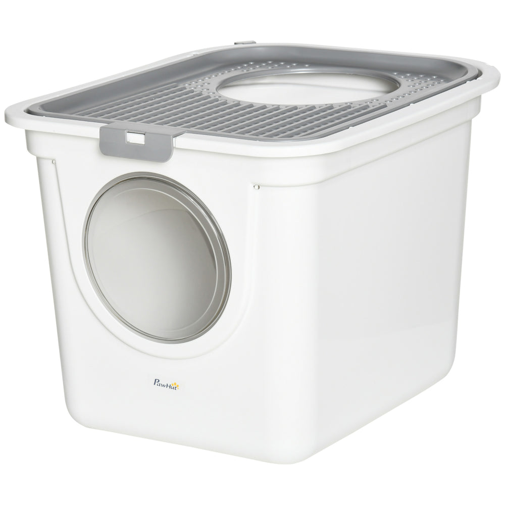 Enclosed litter box with front entrance, top exit and scoop, white