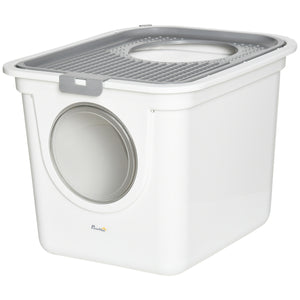 Enclosed litter box with front entrance, top exit and scoop, white