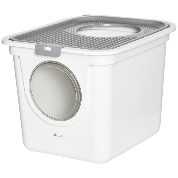 Enclosed litter box with front entrance, top exit and scoop, white