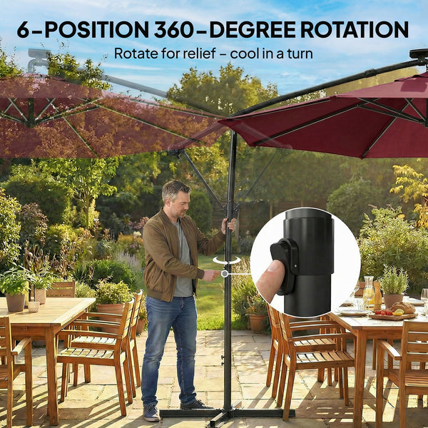 Parasol déporté de 3 m avec éclairage solaire avec rotation à 360°, inclinaison et housse de protection, rouge bordeaux
