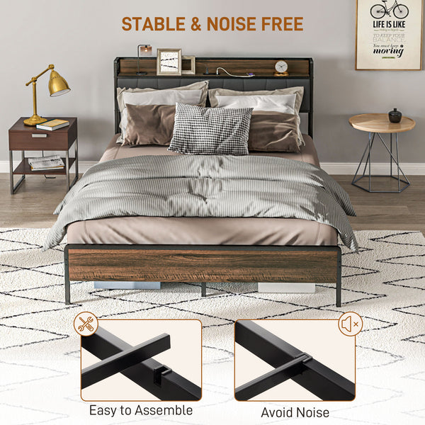 Cadre de lit Queen Size avec station de charge, tête de lit rembourrée et étagère de rangement, noyer