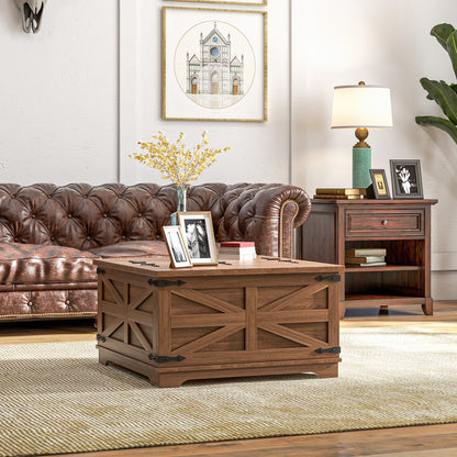 Table basse carrée style ferme en bois marron avec couvercles rabattables et compartiment de rangement dissimulé, parfaite pour salon rustique et organisé

