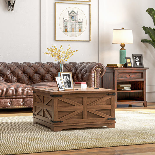 Table basse carrée style ferme en bois marron avec couvercles rabattables et compartiment de rangement dissimulé, parfaite pour salon rustique et organisé

