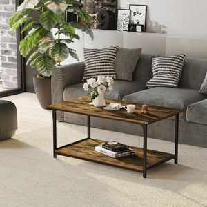 Table basse industrielle marron rustique avec étagère de rangement pratique pour salon