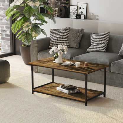 Table basse industrielle marron rustique avec étagère de rangement pratique pour salon