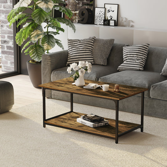 Table basse industrielle marron rustique avec étagère de rangement pratique pour salon