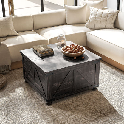 Table basse de style ferme en bois marron vieilli avec couvercles rabattables, compartiment de rangement dissimulé et pieds robustes, idéale pour salon rustique ou champêtre