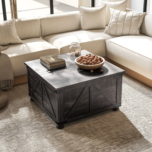 Table basse de style ferme en bois marron vieilli avec couvercles rabattables, compartiment de rangement dissimulé et pieds robustes, idéale pour salon rustique ou champêtre