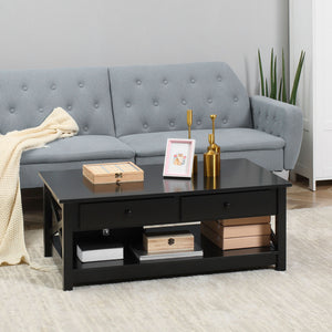 Table de salon style ferme noire avec tiroirs, étagère ouverte et cadres en X