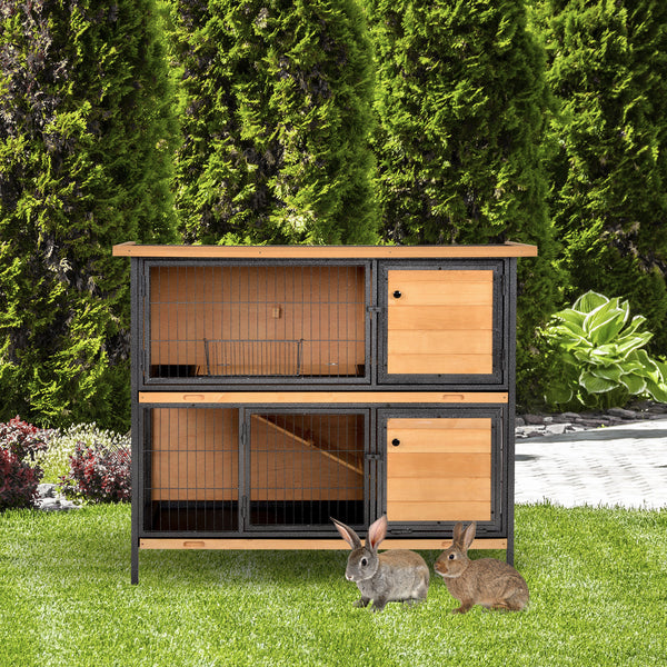 2-story rabbit hutch with ramp, feeder, and lockable doors