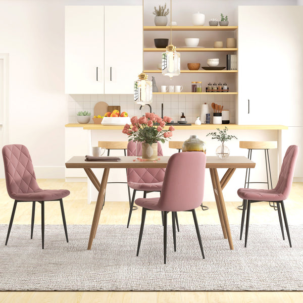 Set of 4 upholstered dining chairs with steel legs, pink