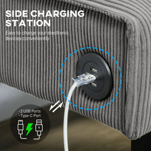 Canapé 2 places avec ports USB en velours côtelé avec pieds en bois, gris