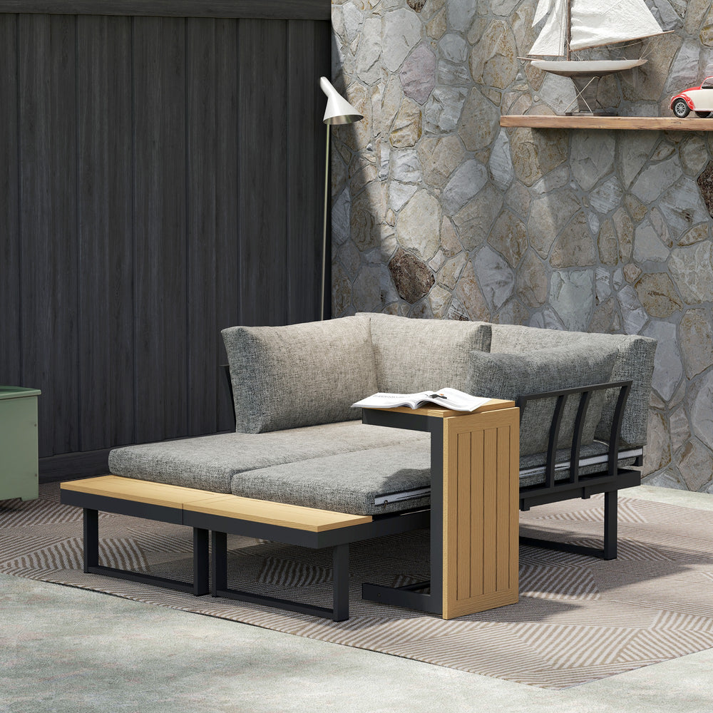 3 Pieces Aluminum Corner Patio Furniture Set Sectional Outdoor Sofa Set with 2 Loveseats Wood-Plastic Coffee Table