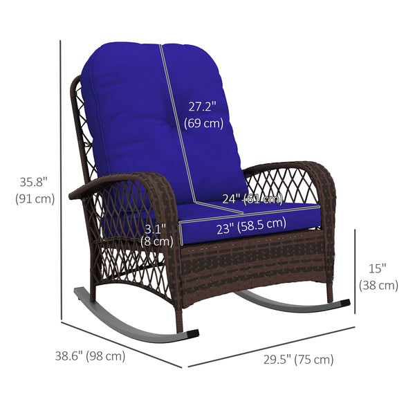 Outdoor Wicker Rattan Rocking Chair Patio Rocker with Thick Cushions for Garden Backyard Porch, Dark Blue