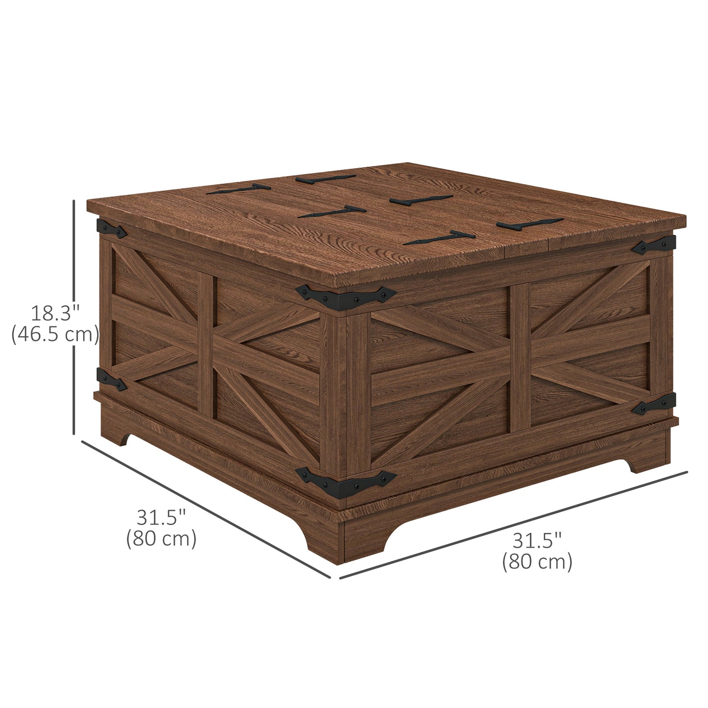 Table basse carrée style ferme avec couvercles rabattables et compartiment de rangement dissimulé, marron