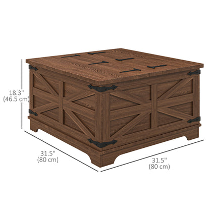 Table basse carrée style ferme avec couvercles rabattables et compartiment de rangement dissimulé, marron