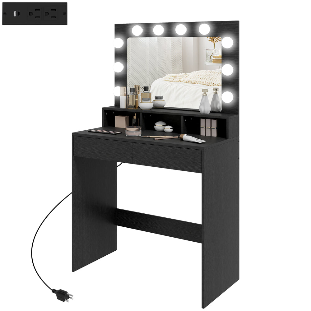 Coiffeuse avec miroir à éclairage LED, station de charge et tiroirs, noire