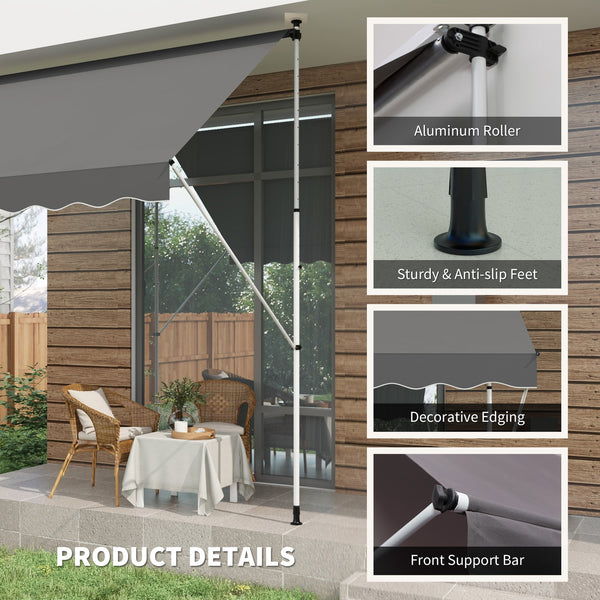 10x5ft Manual Retractable Awning, Patio Sun Shade Canopy Shelter with 5.6-9.2ft Support Pole, Water Resistant UV Protector, for Window, Door, Porch, Deck, Grey