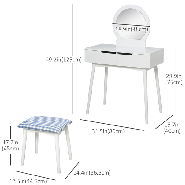 Coiffeuse avec miroir rond et 2 tiroirs, tabouret rembourré, blanc