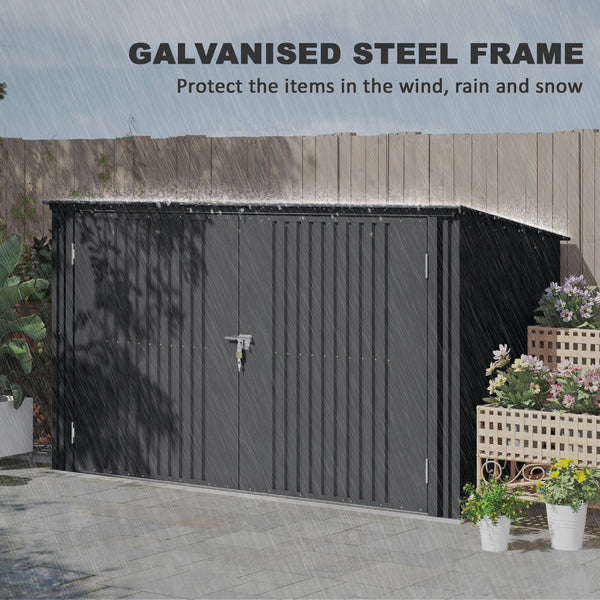 Garden shed with three bin compartments, grey