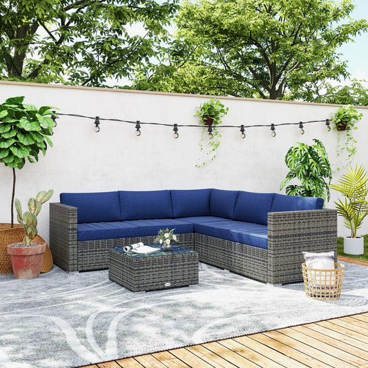 Outsunny 4 Piece Wicker Rattan Patio Furniture Set with Corner Sofa, Loveseats and Coffee Table Cushions, Navy Blue