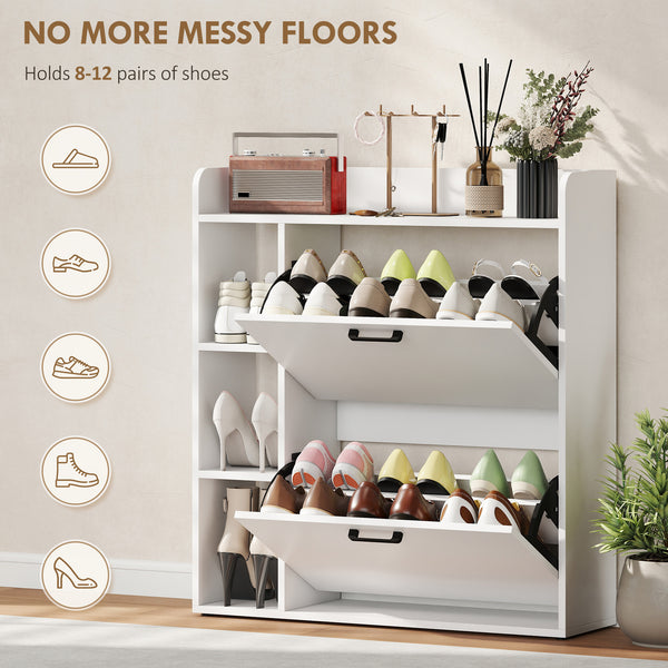 Meuble à chaussures étroit avec 2 tiroirs basculants et rangements latéraux, blanc