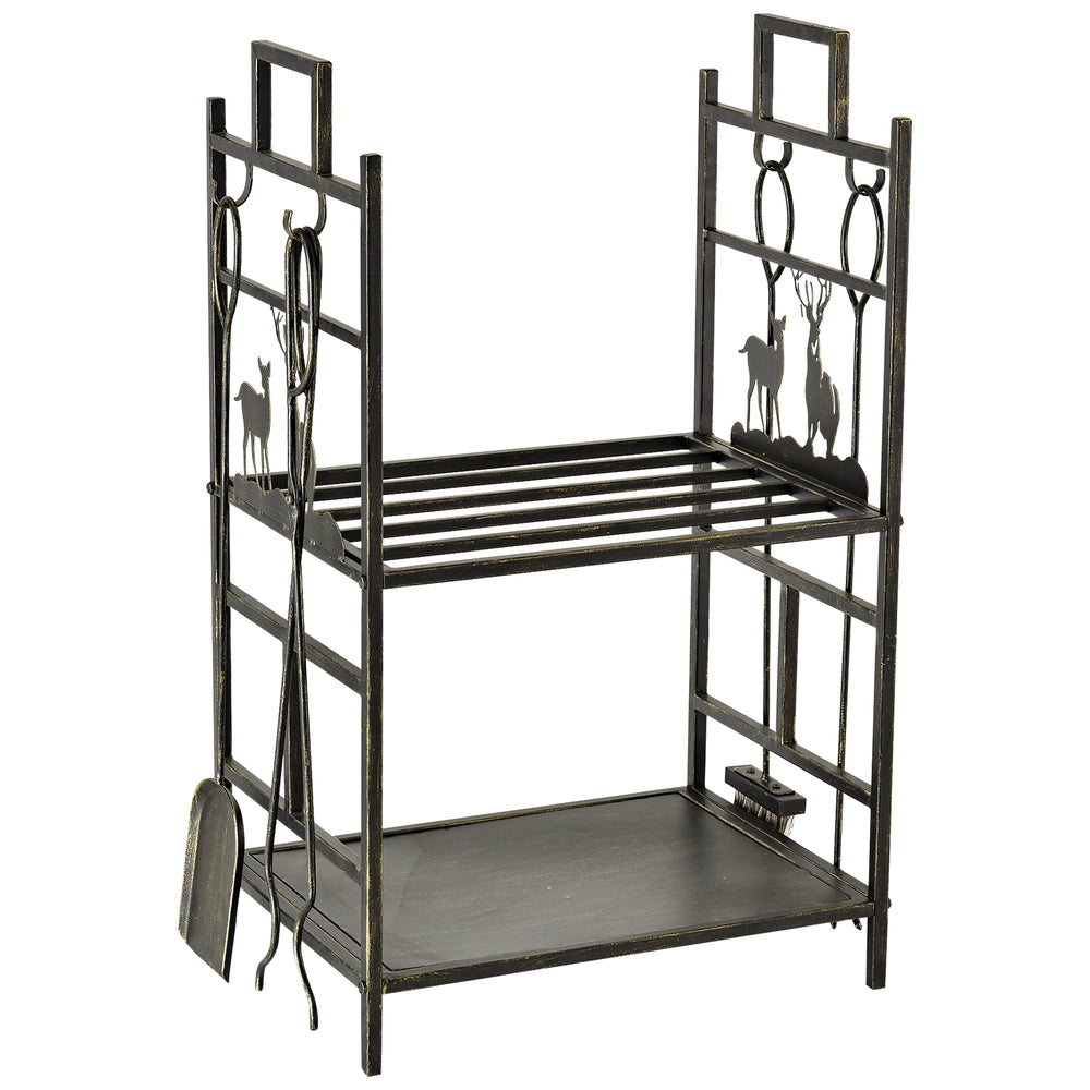 Heavy Duty 2 Tier Log Rack with 4 Tools, Black and Gold