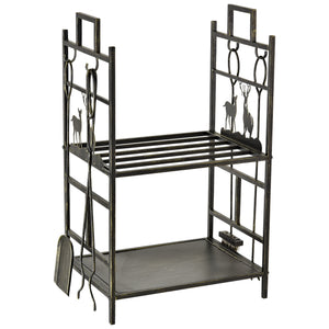 Étagère à bûches robuste à 2 niveaux avec 4 outils, noir et or