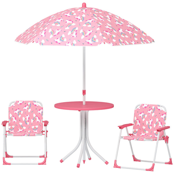 Qaba Kids Picnic Table, Kids Table and Chair Set with 2 Folding Chairs and Umbrella for Backyard, Garden, Patio, Pink